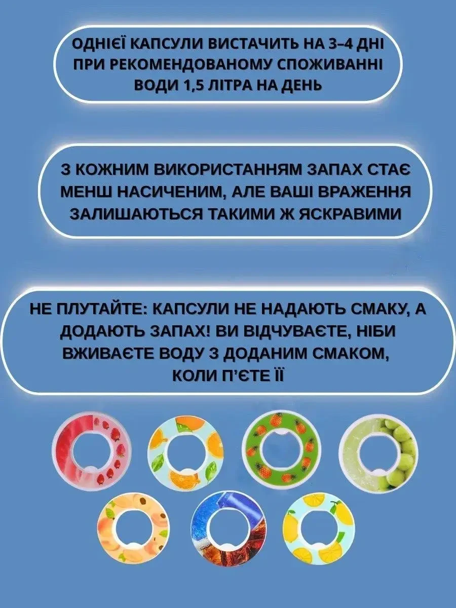 Спортивна пляшка 650 мл, яка змінює смак води, 7 капсул-смаків в комплекті, Блакитно-рожева