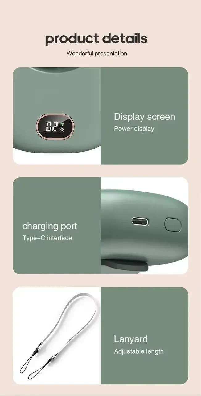 Вентилятор портативний FAN DQ203 на шию з акумулятором USB Type-C LED Green