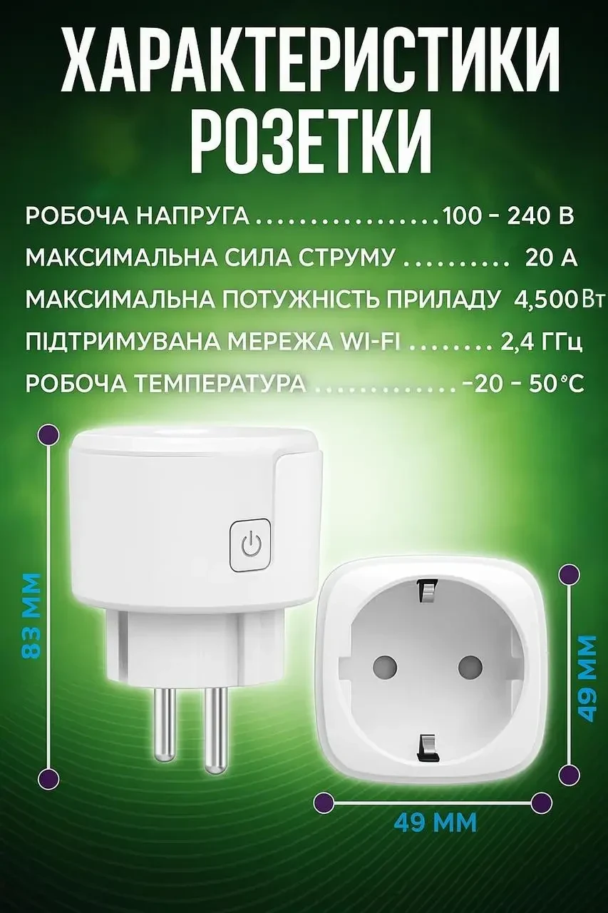 Розумна Wi-Fi-розетка 20А 4500Вт Smart Tuya з таймером Біла