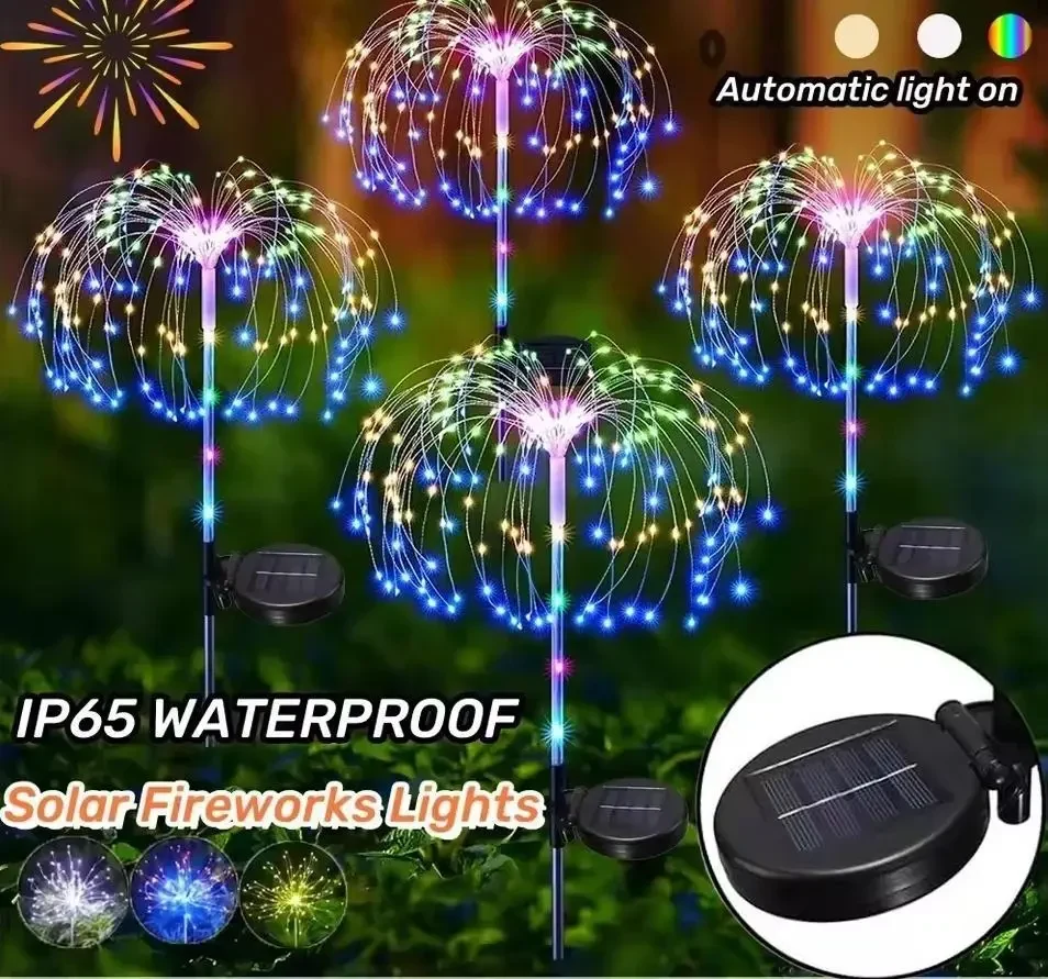 Декоративні садові ліхтарі на сонячній батареї Solar Fireworks Lights 90LED RGB 8 режимів, водонепроникні, висота 95 см