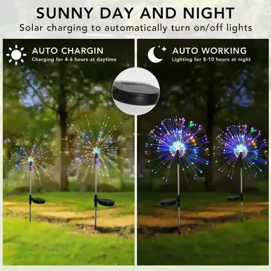 Декоративні садові ліхтарі на сонячній батареї Solar Fireworks Lights 90LED RGB 8 режимів, водонепроникні, висота 95 см