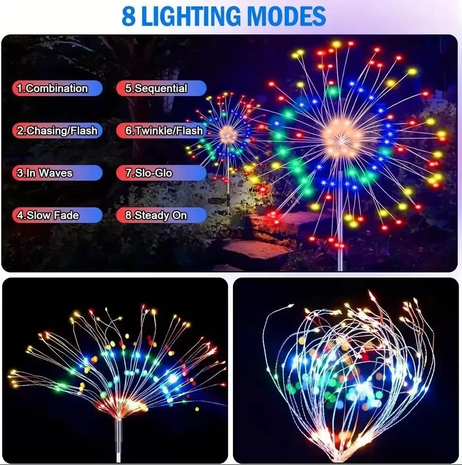 Декоративні садові ліхтарі на сонячній батареї Solar Fireworks Lights 90LED RGB 8 режимів, водонепроникні, висота 95 см