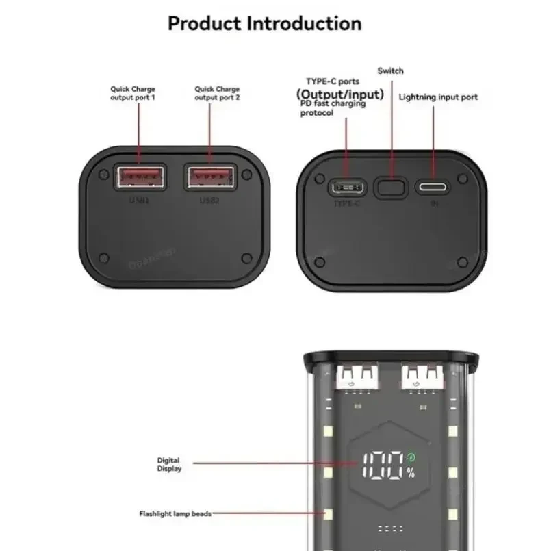 Корпус для павербанку 8×21700 — 22.5W швидка зарядка, LED світильник, порти USB-C, Lightning бокс | Для акумуляторів