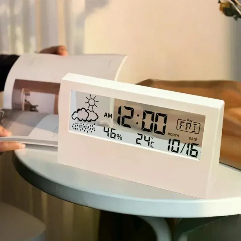 LED Термометр-Гігрометр із Годинником та Будильником. Домашня Метеостанція з Вимірюванням Температури й Вологості, Білий