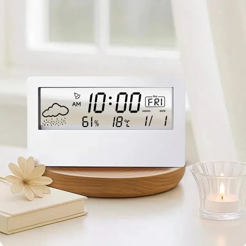 LED Термометр-Гігрометр із Годинником та Будильником. Домашня Метеостанція з Вимірюванням Температури й Вологості, Білий