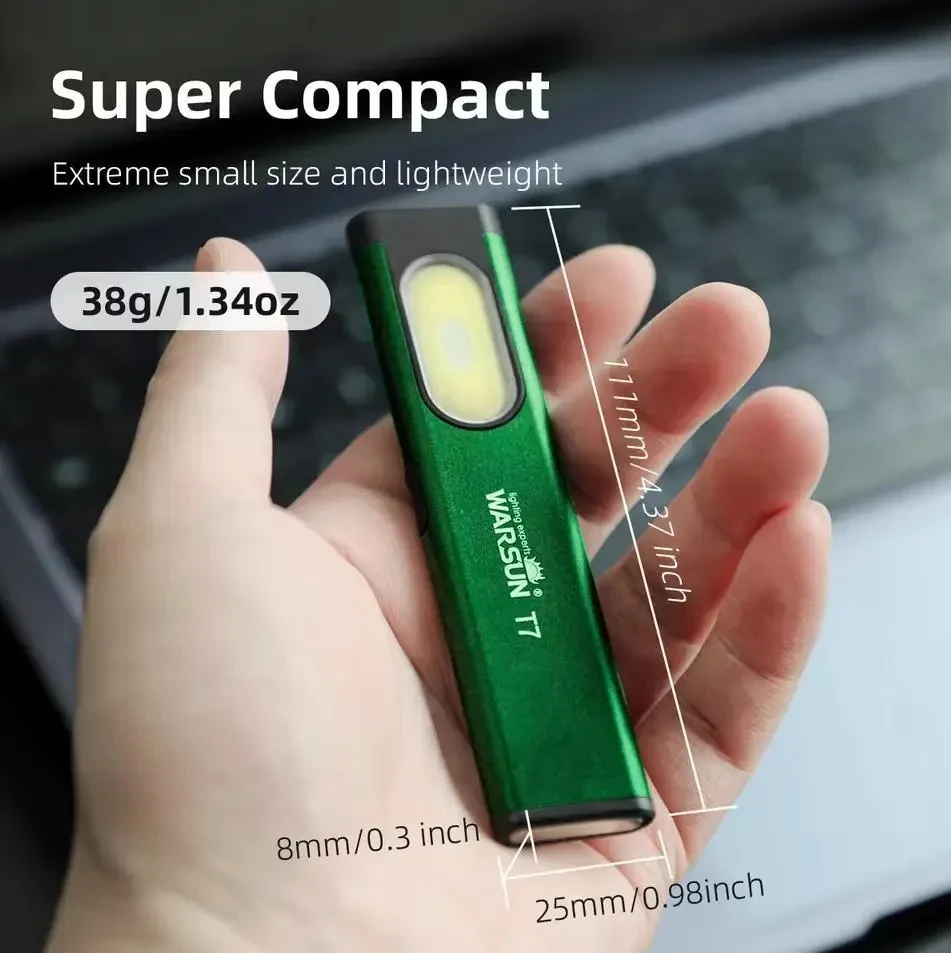 Міні Ліхтарик Warsun T7 PRO LED в ультратонкому металевому корпусі з USB-C, Магнітом і Потужністю 600Lm, Зелений