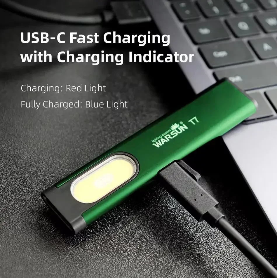 Міні Ліхтарик Warsun T7 PRO LED в ультратонкому металевому корпусі з USB-C, Магнітом і Потужністю 600Lm, Зелений