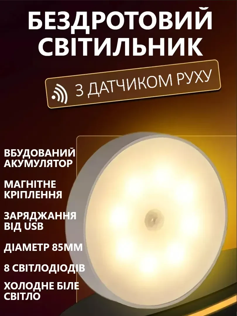 LED Нічник світильник з датчиком руху (Холодне біле світло) — USB заряджається, для кухні, шафи, сходів, бездротовий, Білий