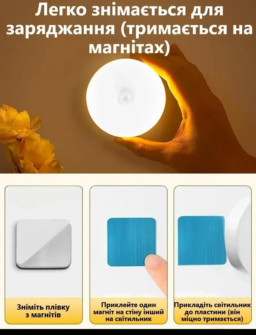 LED Нічник світильник 4 штуки в наборі з датчиком руху (Холодне біле світло) — USB заряджається, для кухні, шафи, сходів,