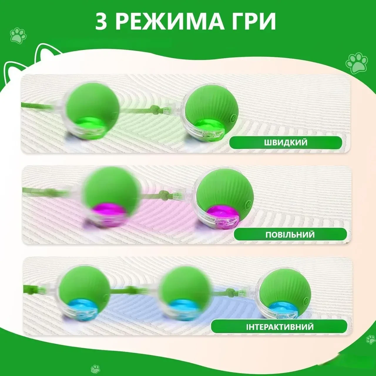 Інтерактивна іграшка куля для котів — Smart Pet Ball, 3 режими руху, заряджання від Type-C, вбудований акумулятор, Зелений