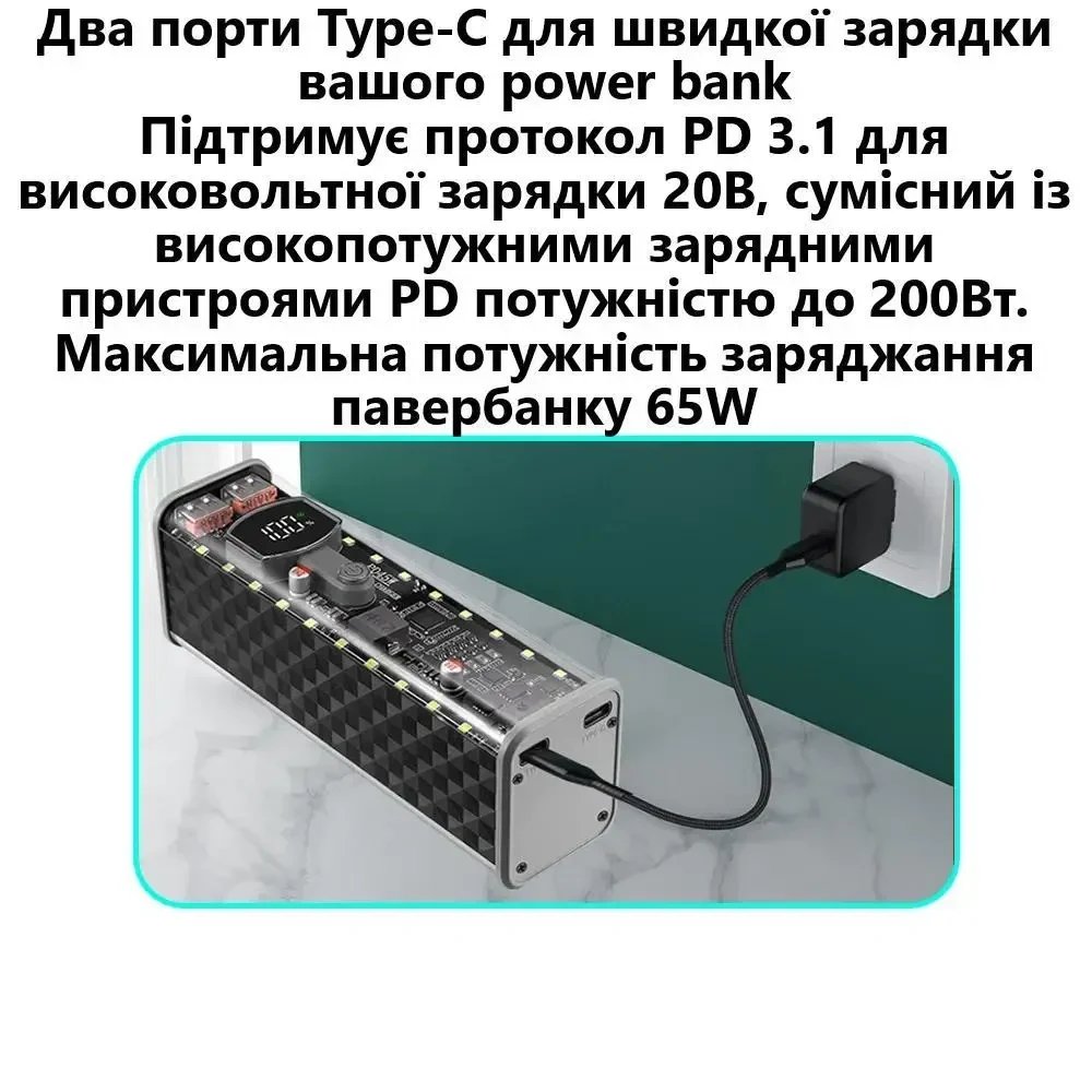 Прозорий корпус для збірки павербанк на 8×18650 з підтримкою PD 45W (65W на заряджання) / QC / VOOC | швидке заряджання | Ліхтар