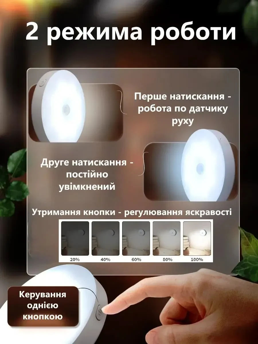 LED Нічник світильник з датчиком руху з кнопкою (Холодне біле світло) — вбудований акумулятор, TYPE-C