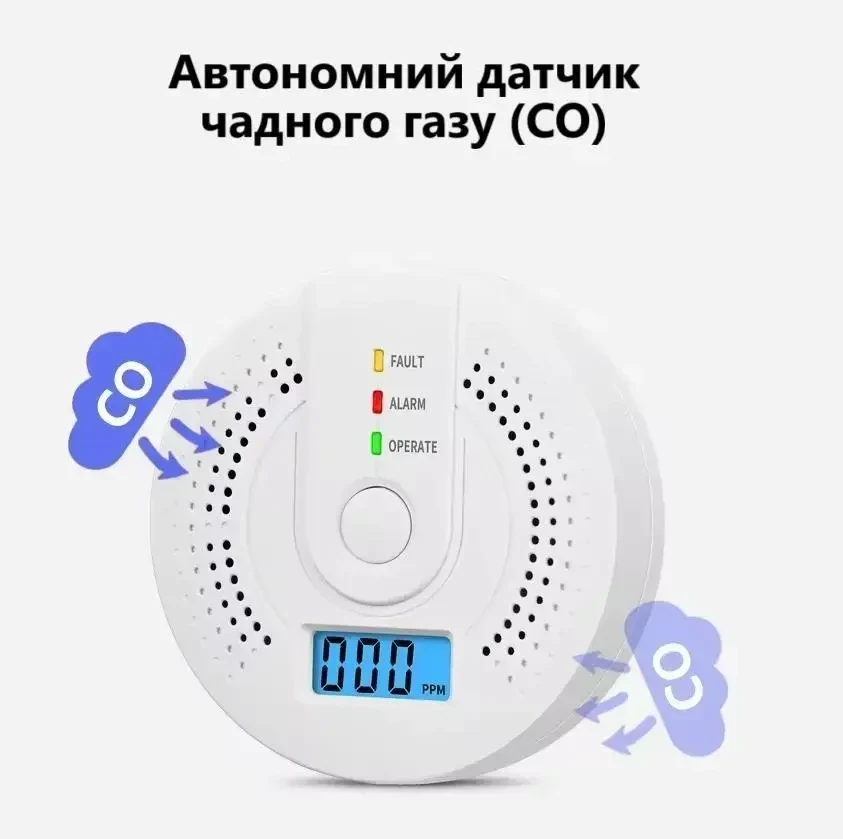 Автономний датчик детектор чадного газу CO з LCD дисплеєм | Висока чутливість | Звукова та світлова сигналізація | UL2034