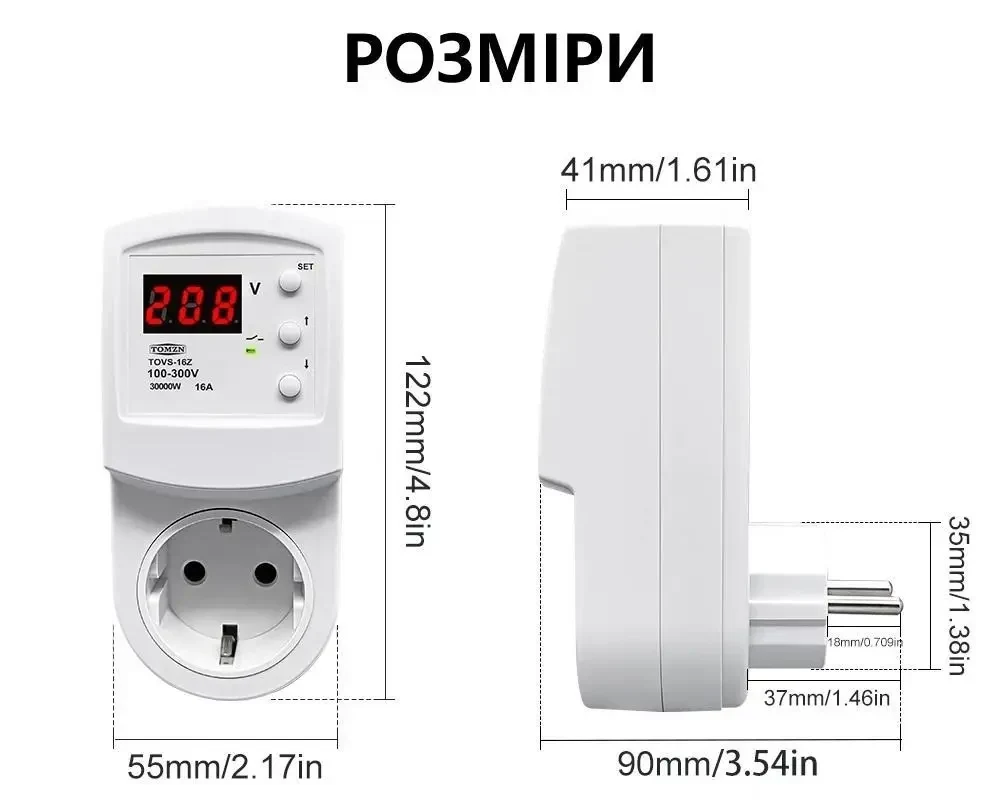 Захисна розетка TOMZN TOVS-16Z 16A 220–230V з дисплеєм – реле напруги, захист від перенапруги та заниженої напруги