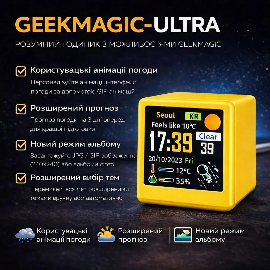 Wi-Fi годинник з метеостанцією GeekMagic Ultra (Версія -Ultra) з кольоровим дисплеєм, підтримка GIF/JPG, фотоальбом, прогноз
