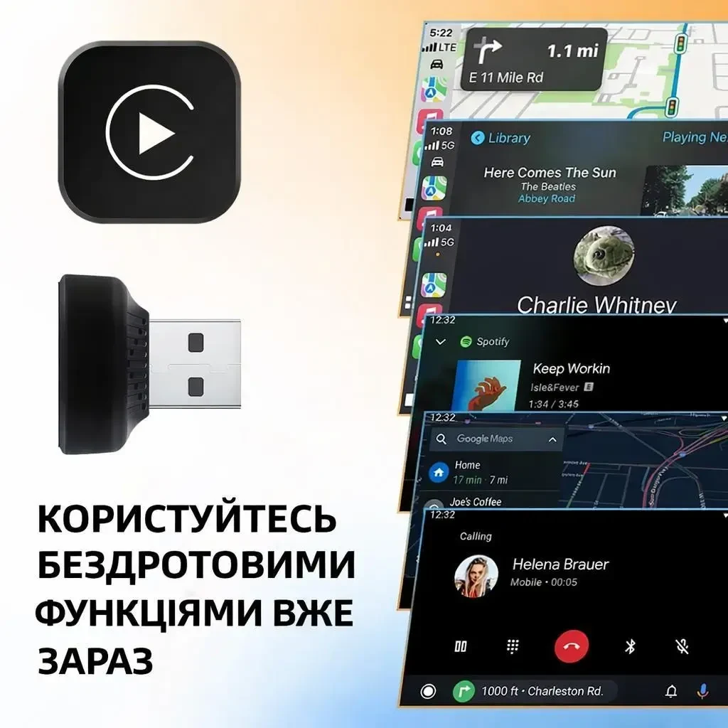 Бездротовий адаптер LEXXSON 2в1 CarPlay / Android Auto для авто з дротовим CarPlay або Android Auto, 5.8 GHz Wi-Fi, Plug and Play