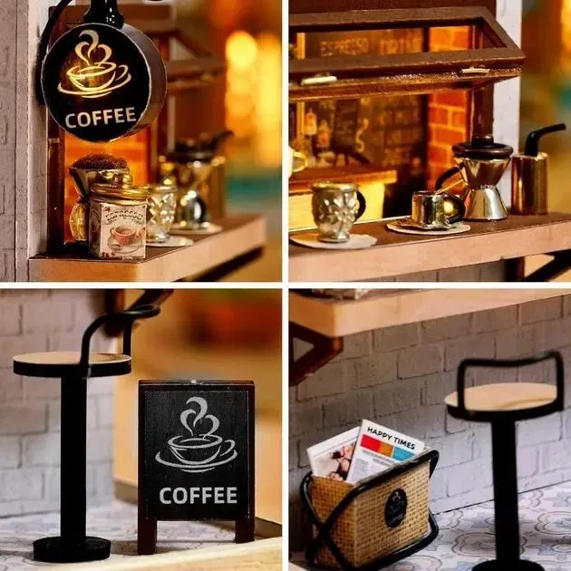 Конструктор 3D Румбокс Coffee Time (Час кави) з LED-підсвіткою та пилозахисним ковпаком