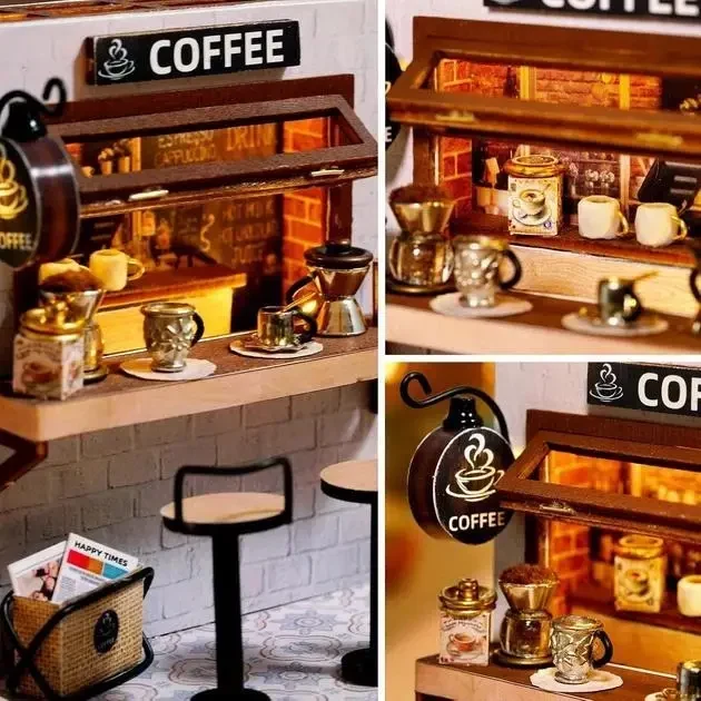Конструктор 3D Румбокс Coffee Time (Час кави) з LED-підсвіткою та пилозахисним ковпаком