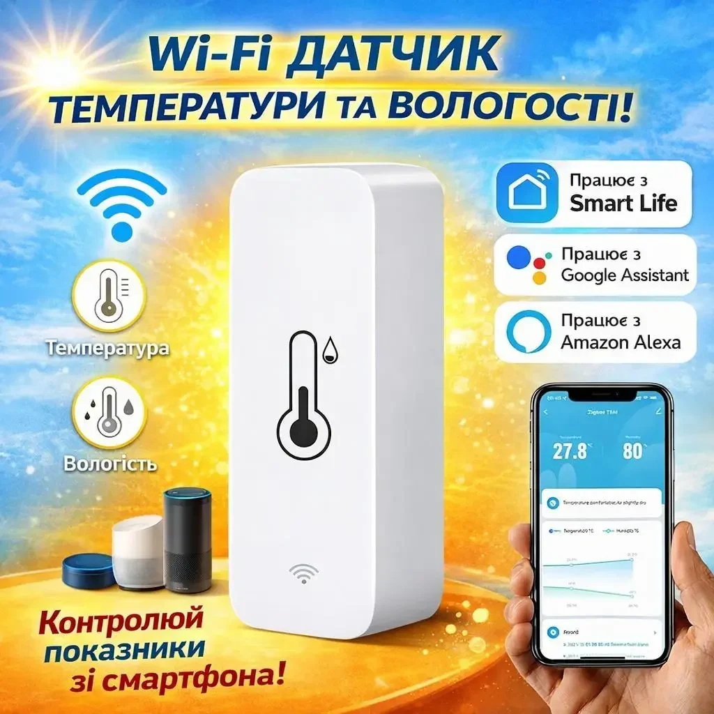 Wi-Fi датчик температури та вологості Tuya Smart Life (Розумний дім), дистанційний контроль, запис історії даних, сповіщення в