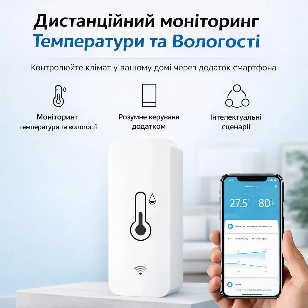 Wi-Fi датчик температури та вологості Tuya Smart Life (Розумний дім), дистанційний контроль, запис історії даних, сповіщення в