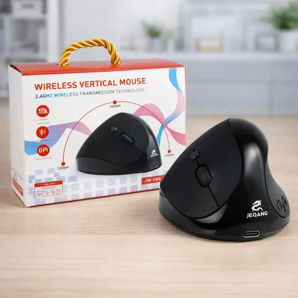 Бездротова вертикальна ергономічна миша JEQANG 2.4G + Bluetooth 5.0 з вбудованим акумулятором, 6 кнопок, 1200/1600/2400 DPI,