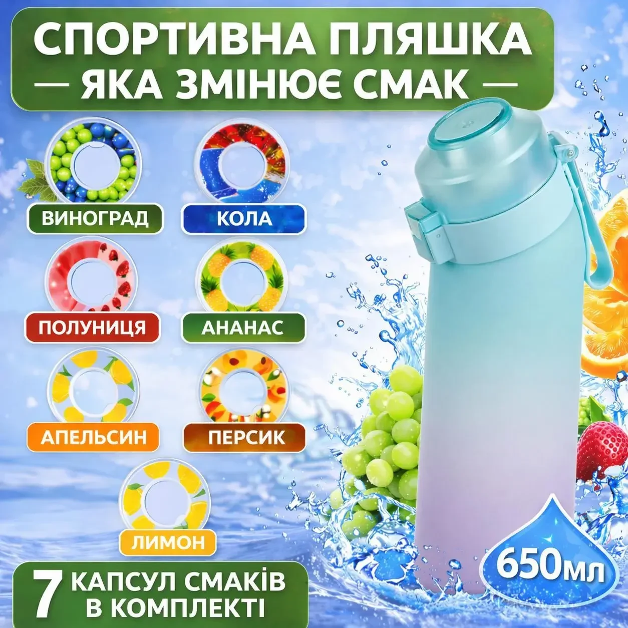 Спортивна пляшка 650 мл, яка змінює смак води, 7 капсул-смаків в комплекті, Блакитно-рожева