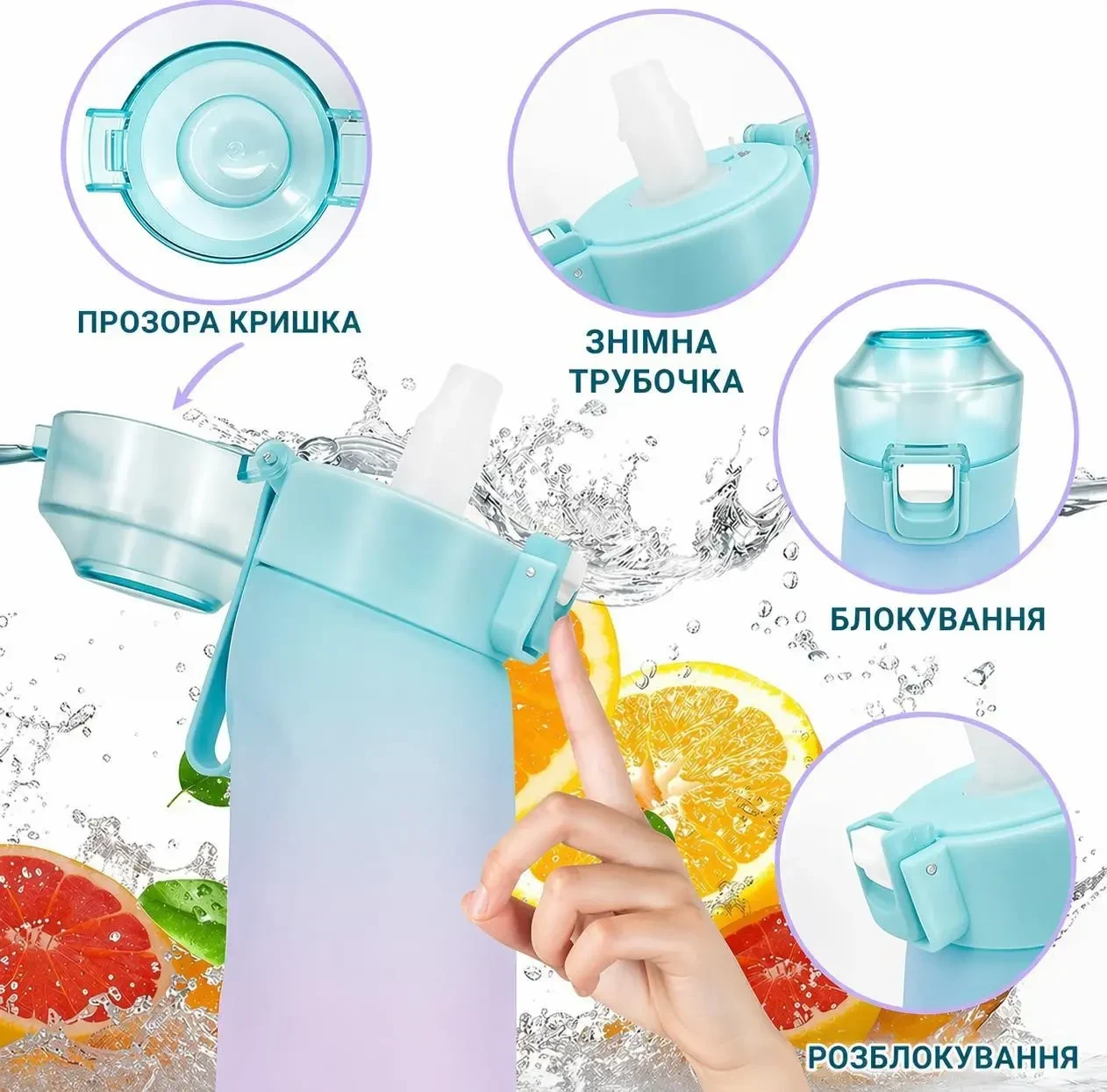 Спортивна пляшка 650 мл, яка змінює смак води, 9 капсул-смаків в комплекті, Блакитно-Рожева