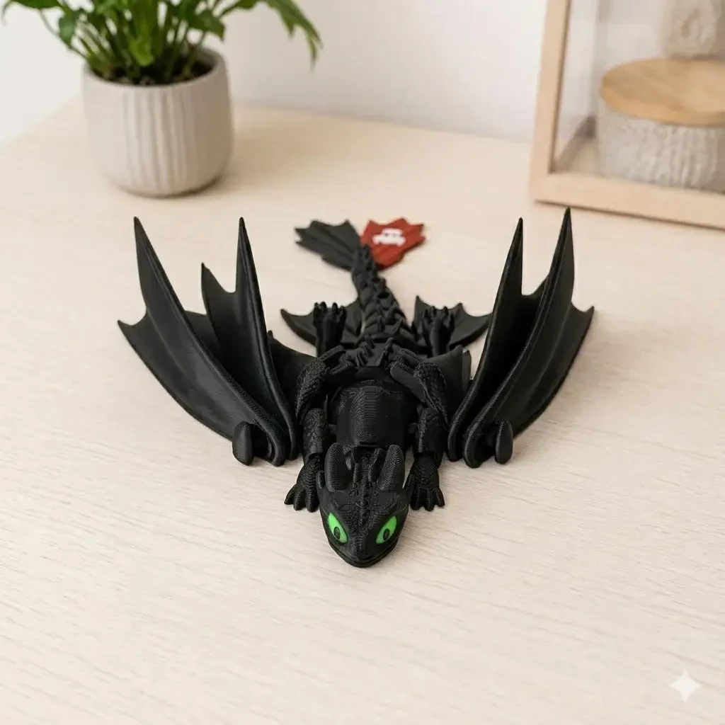 Рухлива іграшка Дракон Беззубик (Toothless) 20 см — 3D друк, гнучкий PLA, з мультфільму «Як приручити дракона», Чорний