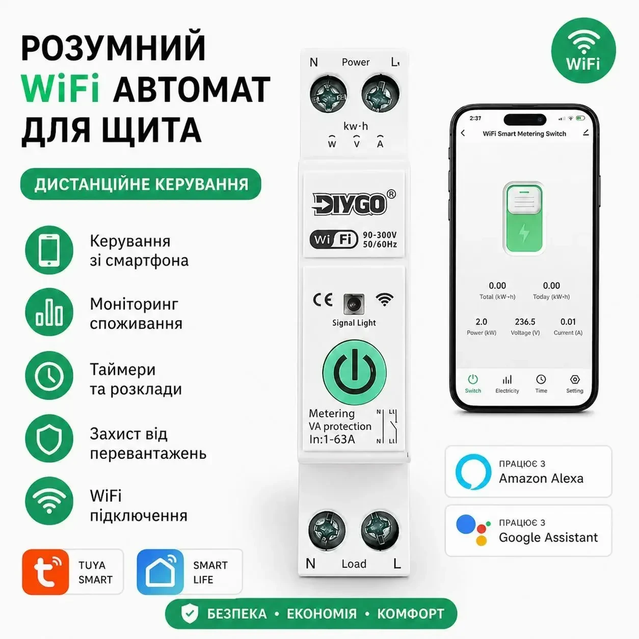 Розумний WiFi автомат захисту 63А Tuya SmartLife DIN рейка 1P+N з контролем напруги, струму та потужності, автоматичний вимикач