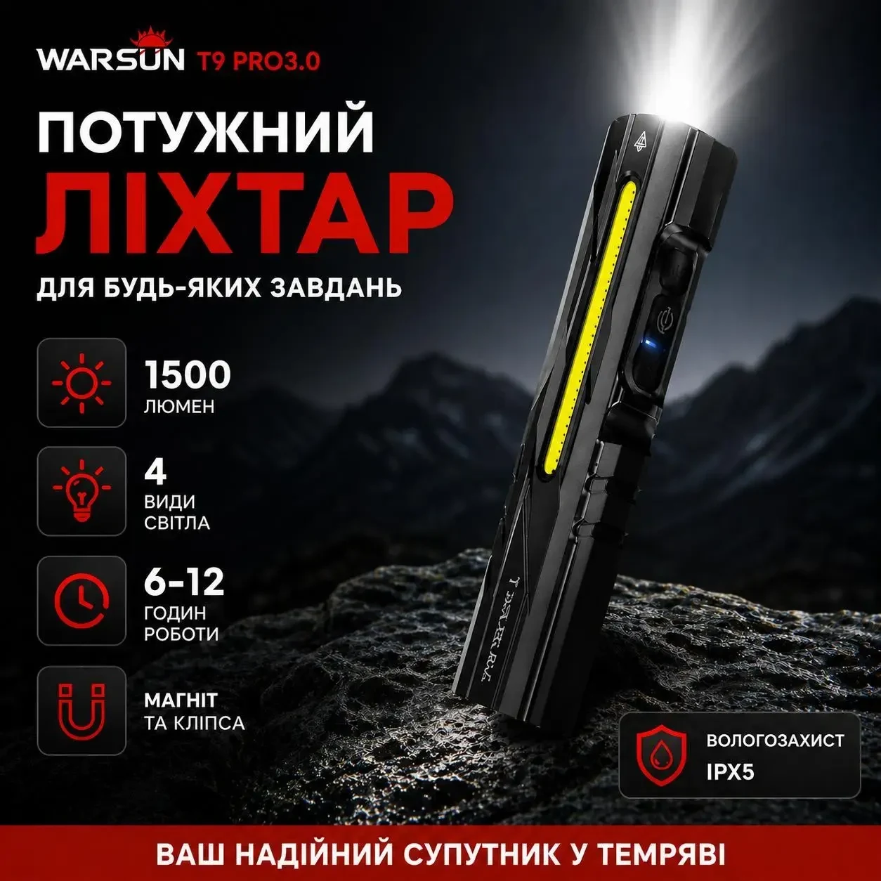 Ліхтарик металевий Warsun T9 PRO 3.0 1500LM EDC — компактний, магнітний, з UV та COB світлом, Type-C, Чорний