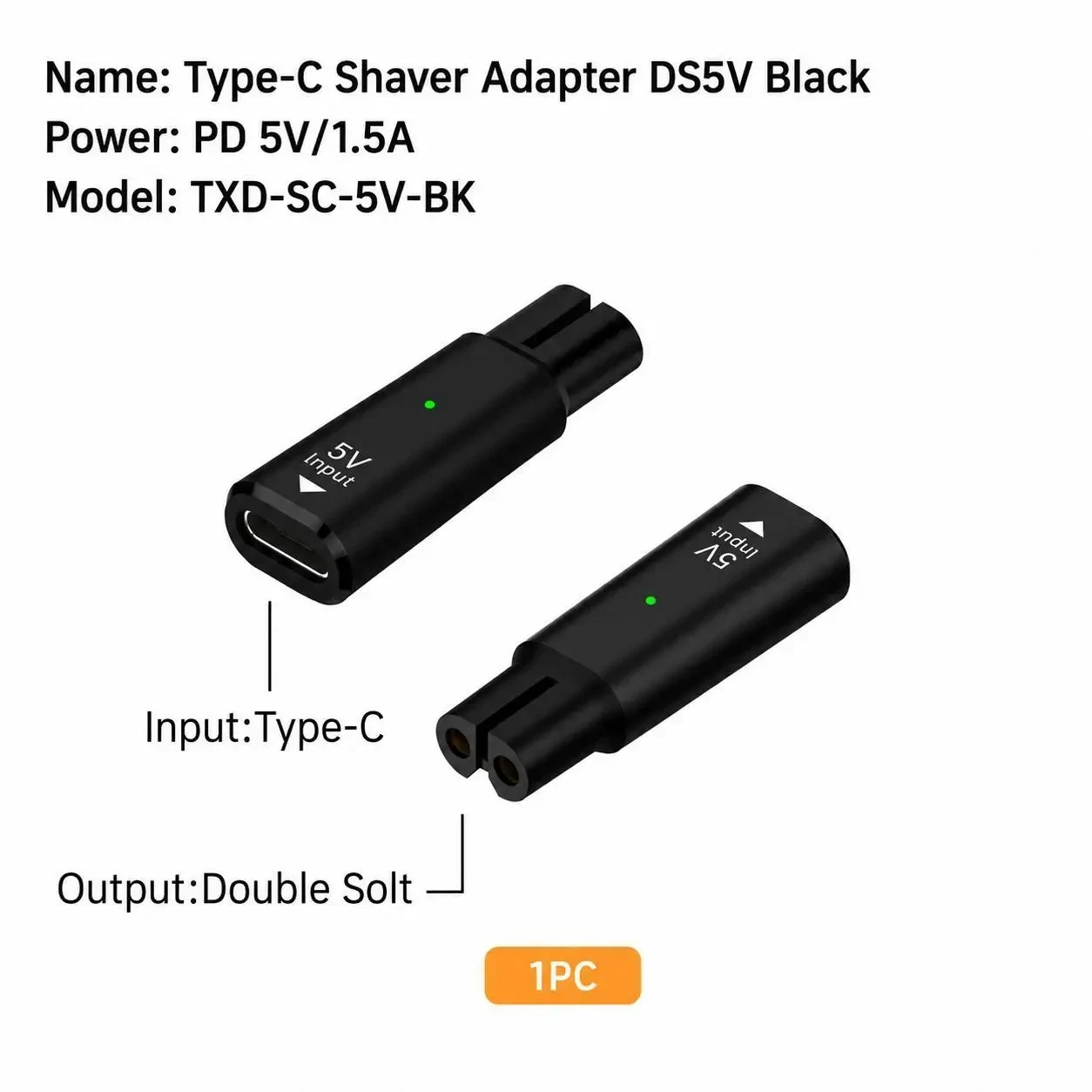 Універсальний адаптер Type-C 5V для електробритв, USB-C Shaver Adapter (сумісний з Philips та іншими), Чорний