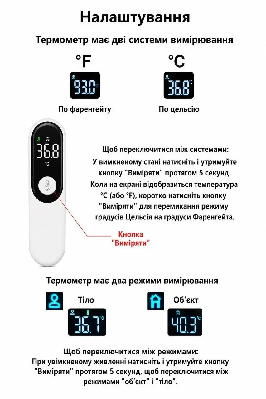 Безконтактний інфрачервоний термометр AiQUE для тіла та об’єктів, цифровий LCD, для дітей і дорослих, Білий