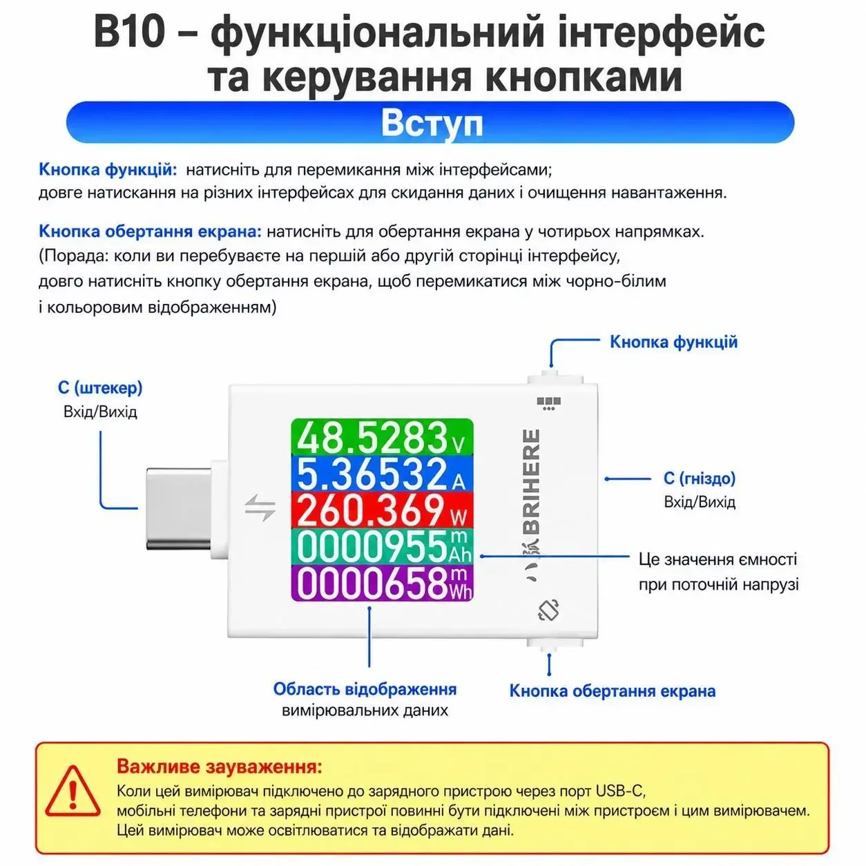 USB Type-C тестер ATORCH BRIHERE B10 600W 6A(12А) — цифровий вимірювач напруги, струму та потужності 4.5-50V, USB амперметр