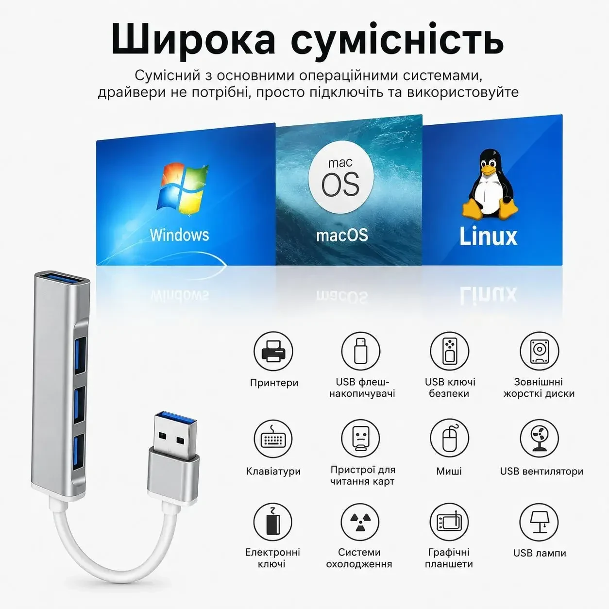 USB хаб 4 в 1 металевий USB 3.0 (вхід USB вихід 4 USB), компактний розгалужувач для ноутбука, ПК, Сірий