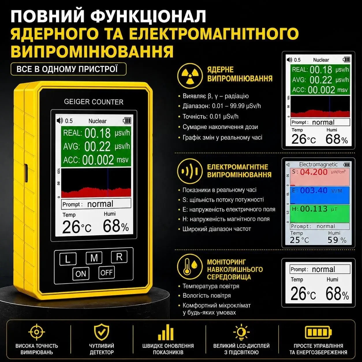 Дозиметр New XR-3 Pro — лічильник Гейгера, детектор радіації та електромагнітного випромінювання, вимірювач EMF, β γ X-ray