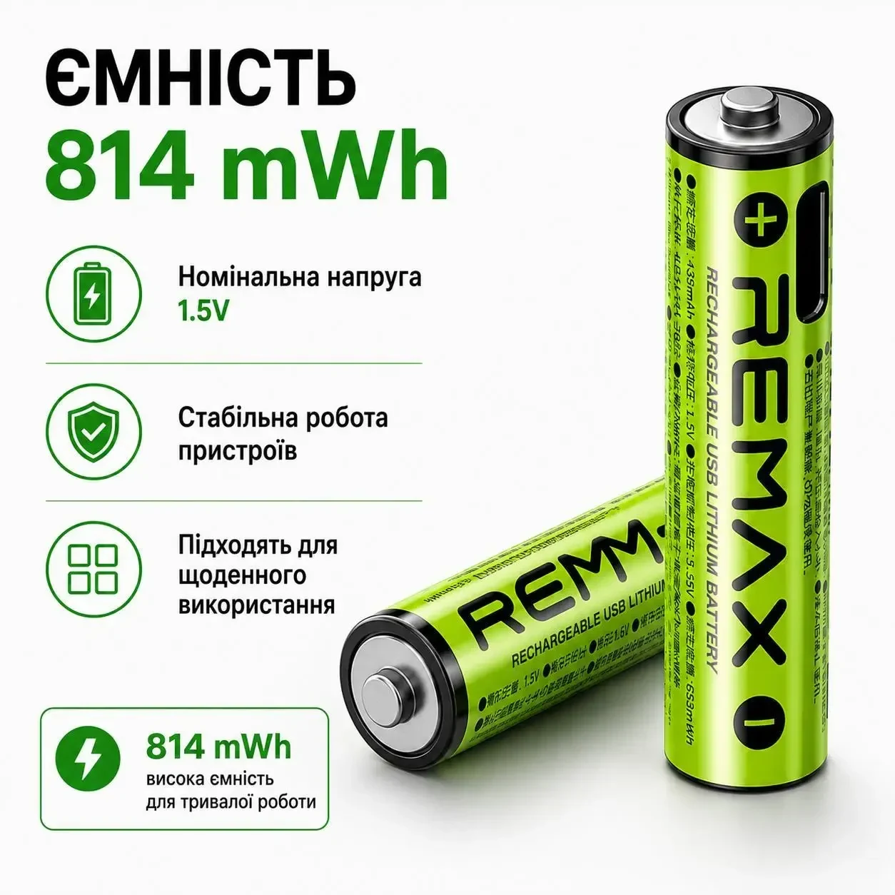 Акумуляторні батарейки 4 шт AAA REMAX 1.5V Li-ion 435mAh (814mWh/3.7V) USB Type-C + кабель для заряджання