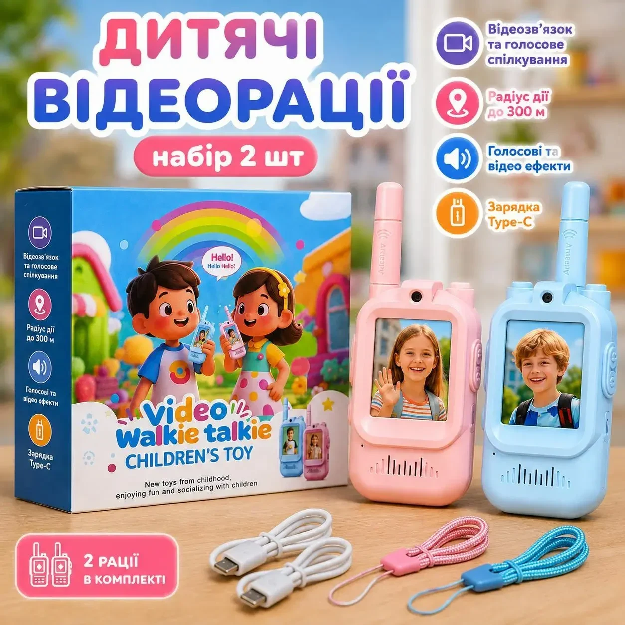 Дитячі відеорації Video Walkie Talkie Dj200 2 шт з відеозв'язком, кольоровим екраном, камерою, голосовими ефектами та зарядкою