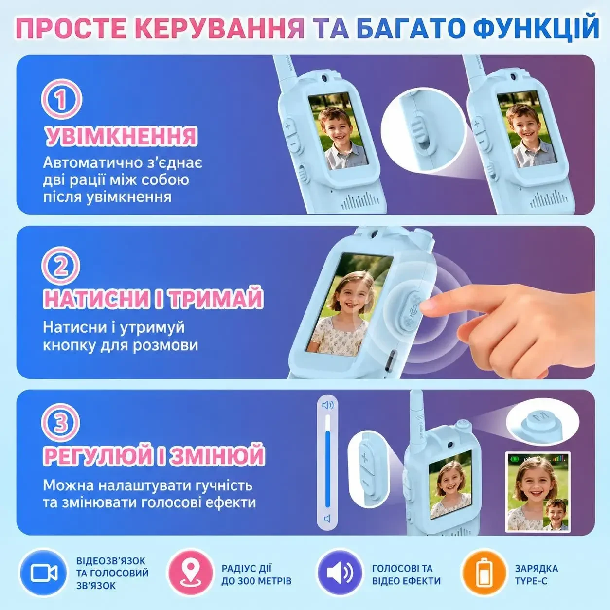 Дитячі відеорації Video Walkie Talkie Dj200 2 шт з відеозв'язком, кольоровим екраном, камерою, голосовими ефектами та зарядкою