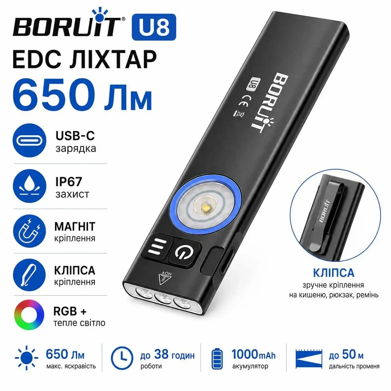 Ліхтар акумуляторний EDC BORUiT U8 650 Лм USB-C RGB IP67 з магнітом та двосторонньою кліпсою, тонкий, Чорний