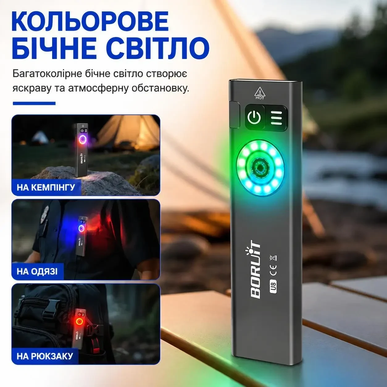 Ліхтар акумуляторний EDC BORUiT U8 650 Лм USB-C RGB IP67 з магнітом та двосторонньою кліпсою, тонкий, Чорний