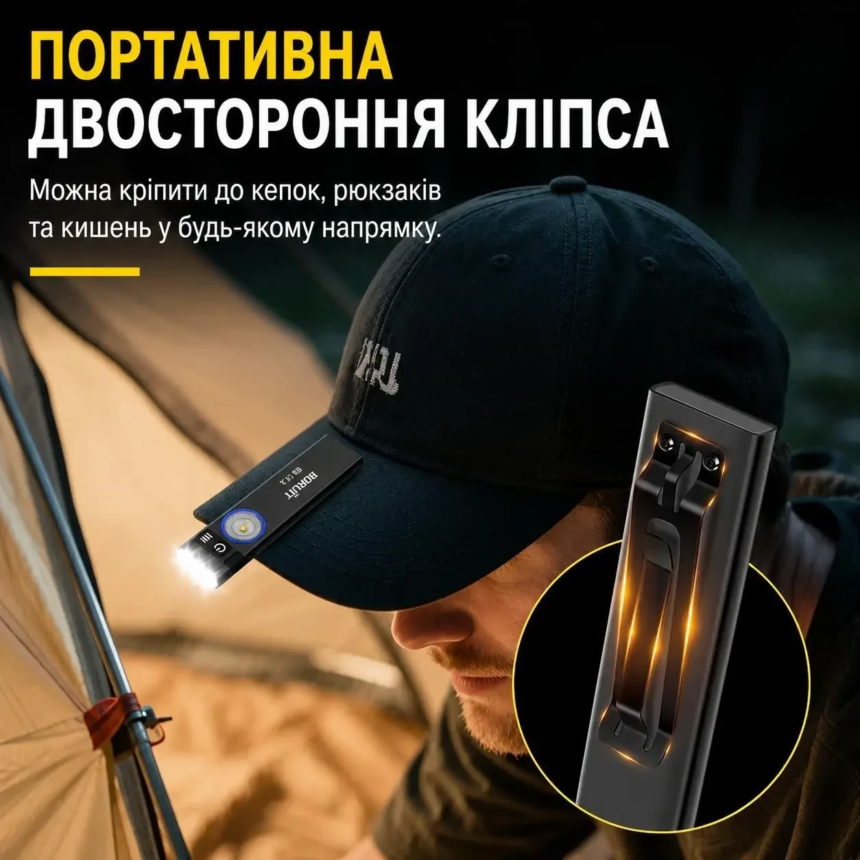 Ліхтар акумуляторний EDC BORUiT U8 650 Лм USB-C RGB IP67 з магнітом та двосторонньою кліпсою, тонкий, Чорний