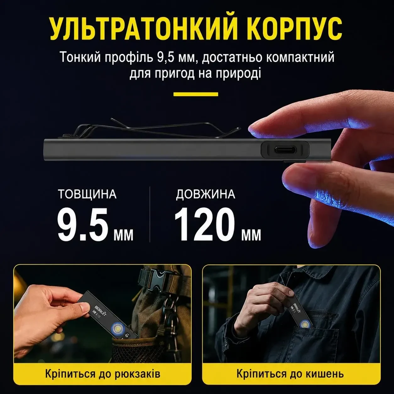 Ліхтар акумуляторний EDC BORUiT U8 650 Лм USB-C RGB IP67 з магнітом та двосторонньою кліпсою, тонкий, Чорний