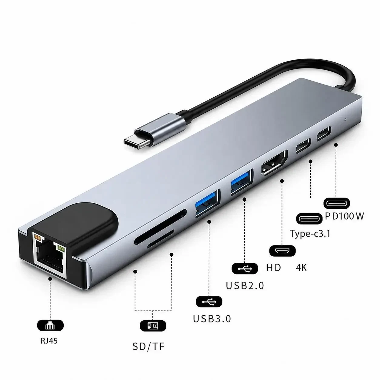 USB HUB 8-в-1 Type-C з HDMI 4K, PD 87W, RJ45, USB 3.0, SD/TF – Алюмінієвий адаптер-концентратор, хаб, Сірий