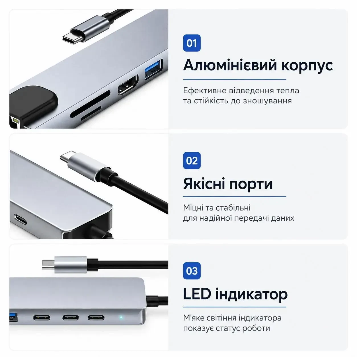 USB HUB 8-в-1 Type-C з HDMI 4K, PD 87W, RJ45, USB 3.0, SD/TF – Алюмінієвий адаптер-концентратор, хаб, Сірий