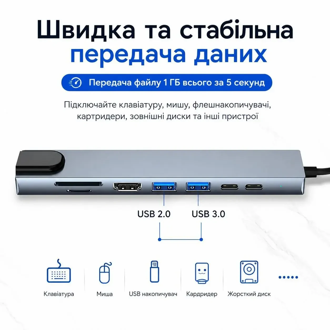 USB HUB 8-в-1 Type-C з HDMI 4K, PD 87W, RJ45, USB 3.0, SD/TF – Алюмінієвий адаптер-концентратор, хаб, Сірий