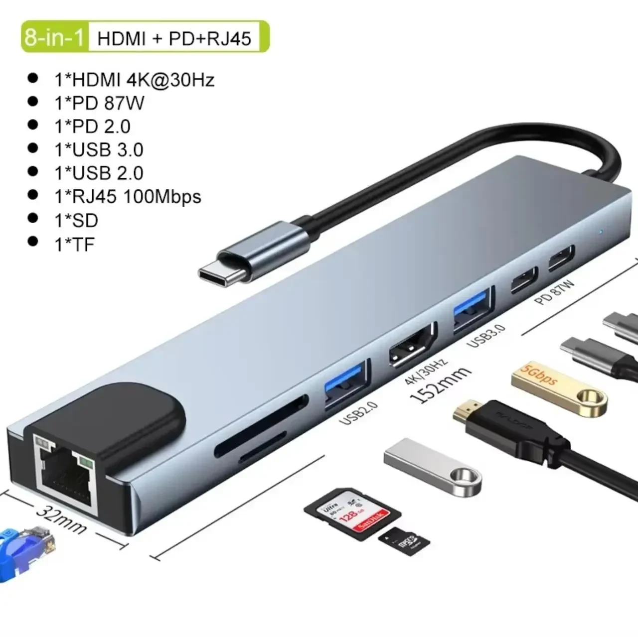 USB HUB 8-в-1 Type-C з HDMI 4K, PD 87W, RJ45, USB 3.0, SD/TF – Алюмінієвий адаптер-концентратор, хаб, Сірий