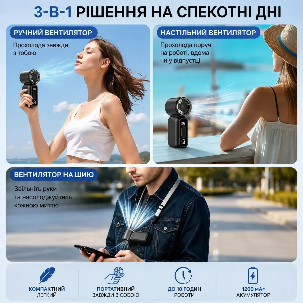 Міні вентилятор портативний ручний 3-в-1 USB-C 1200 мА·год, 199 швидкостей, цифровий дисплей, ліхтарик, з ремінцем на шию, чорний