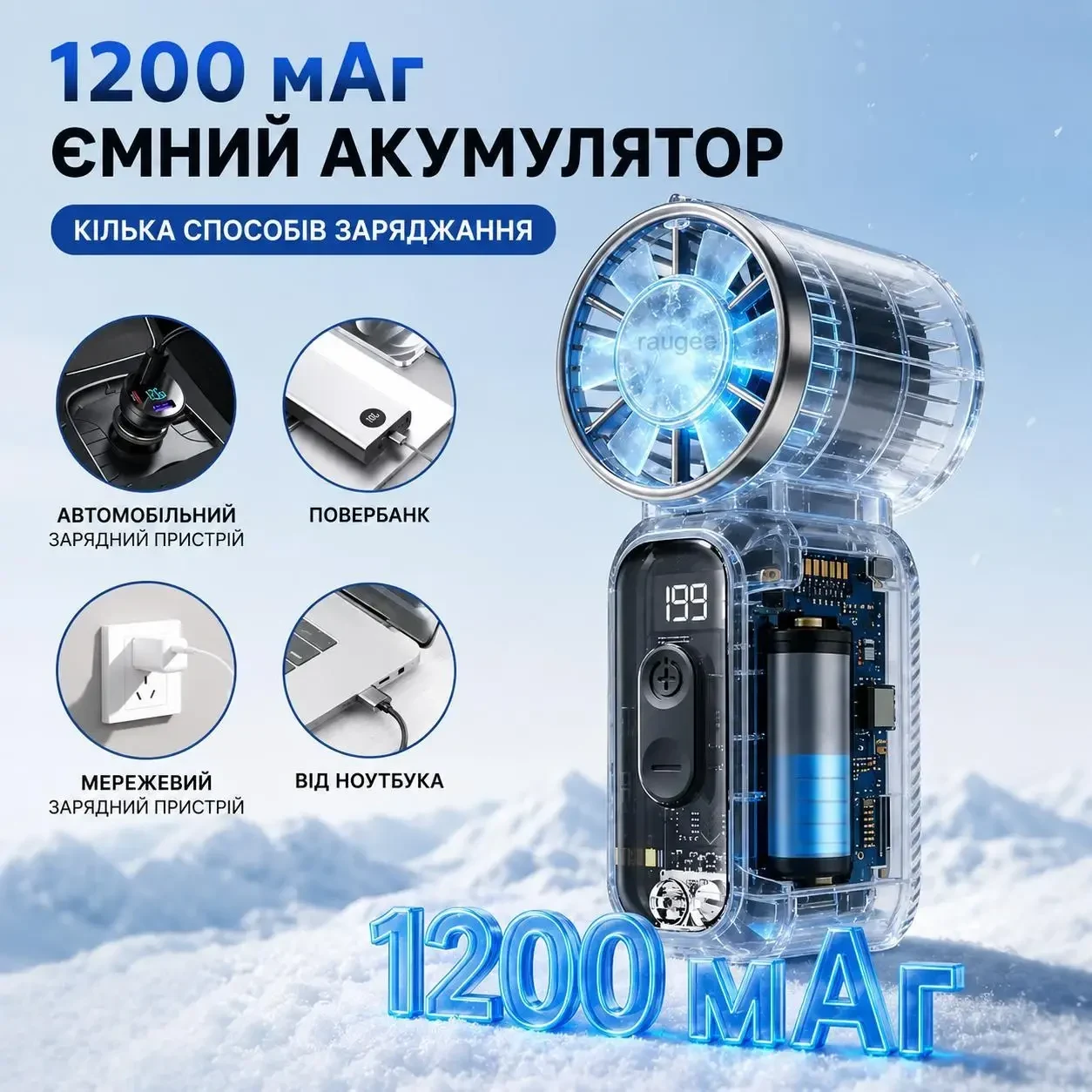Міні вентилятор портативний ручний 3-в-1 USB-C 1200 мА·год, 199 швидкостей, цифровий дисплей, ліхтарик, з ремінцем на шию, чорний