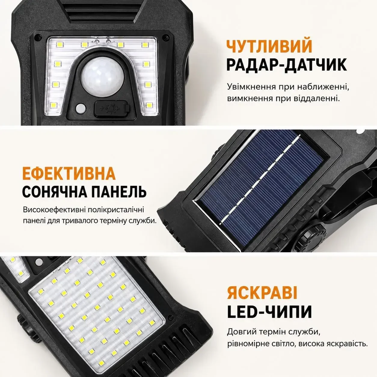 Ліхтар-прищіпка на сонячній батареї з датчиком руху BauTech YD21-A, 3 режими роботи, LED світильник для паркану, саду та гаража