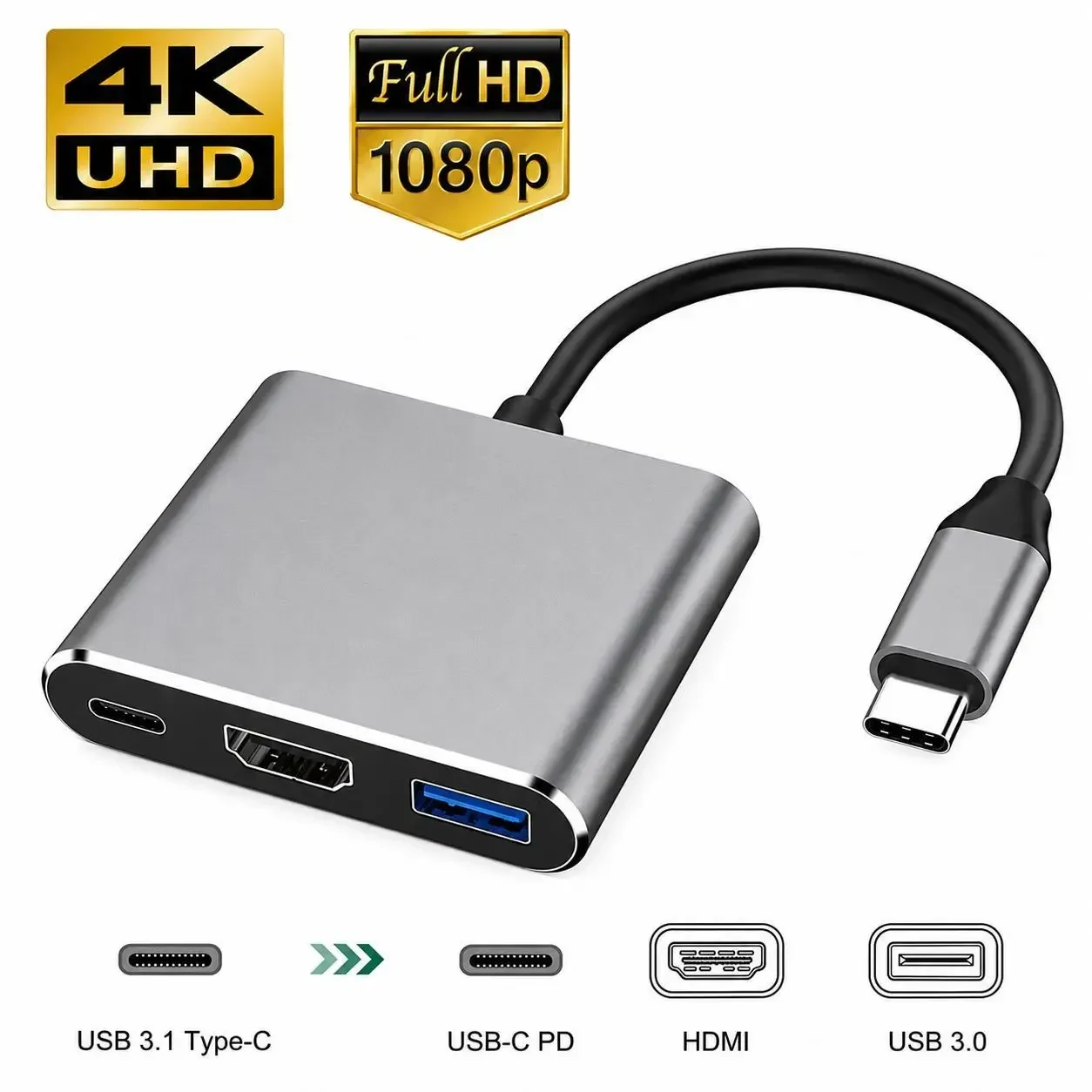 USB-C хаб 3-в-1 з HDMI 4K, USB 3.0 та USB-C PD для ноутбуків, MacBook, планшетів і смартфонів
